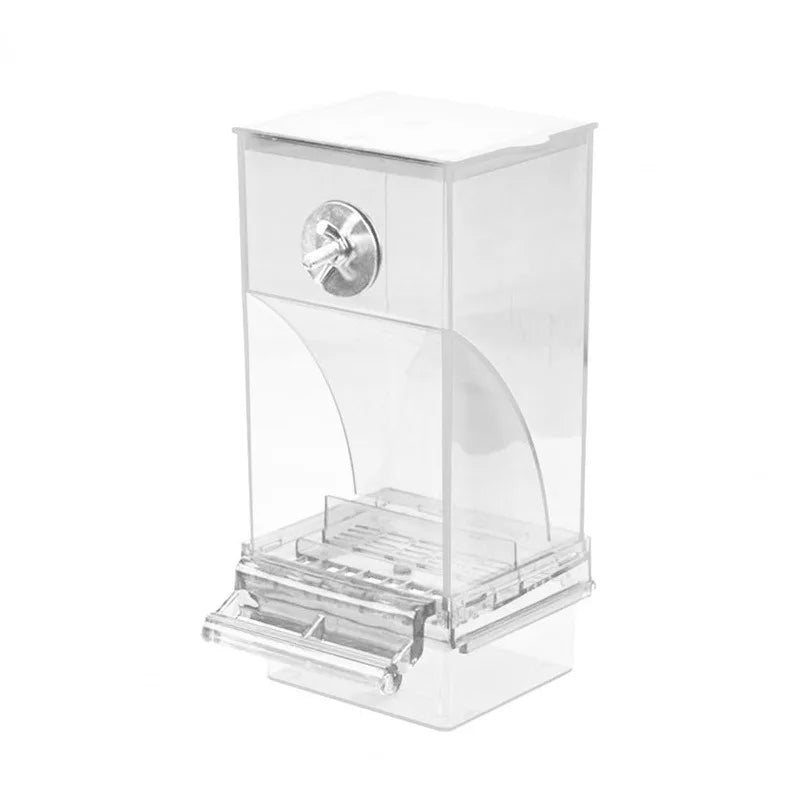 Clear acrylic no-mess bird feeder and waterer for small to medium parakeets