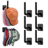 A set of black adhesive hooks designed for hats, bags, and coats shown in various colors.