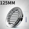 Stainless steel round ventilation grille with a 125mm diameter and a measurement line.