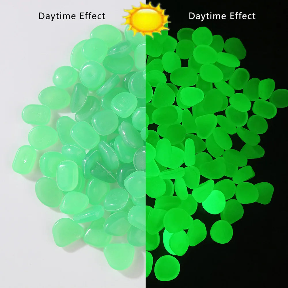 Bright green glow-in-the-dark resin pebbles under daylight