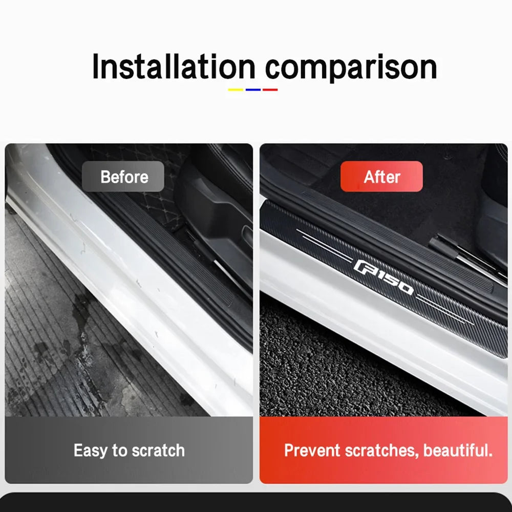 Installation comparison showing PU leather door sill protectors before and after installation on a vehicle.
