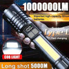 A hand holds a black high-capacity lithium battery rechargeable flashlight with a bright LED light and a long shot feature.