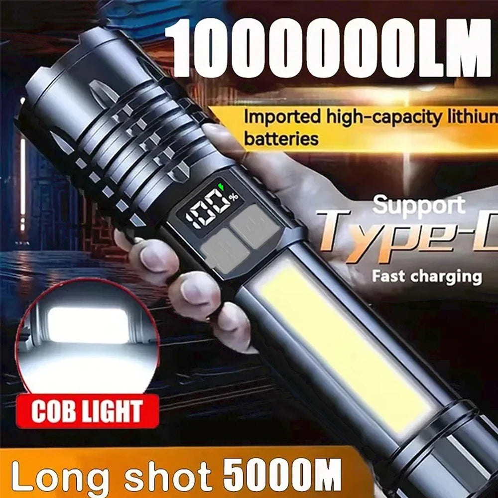 A hand holds a black high-capacity lithium battery rechargeable flashlight with a bright LED light and a long shot feature.