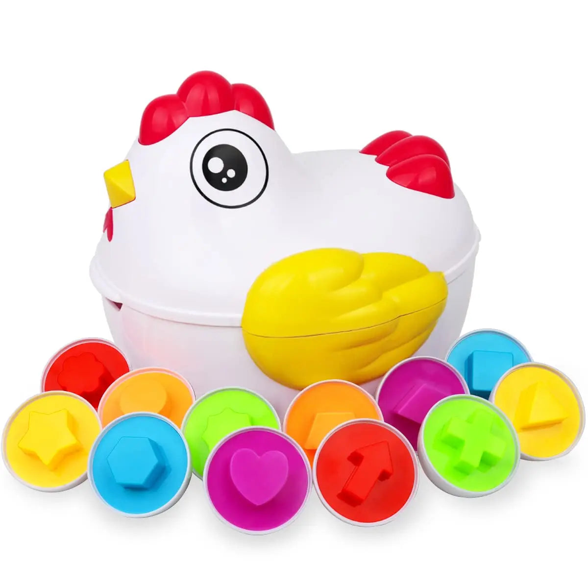 A white egg-shaped Montessori toy with colorful, round pieces for sorting.