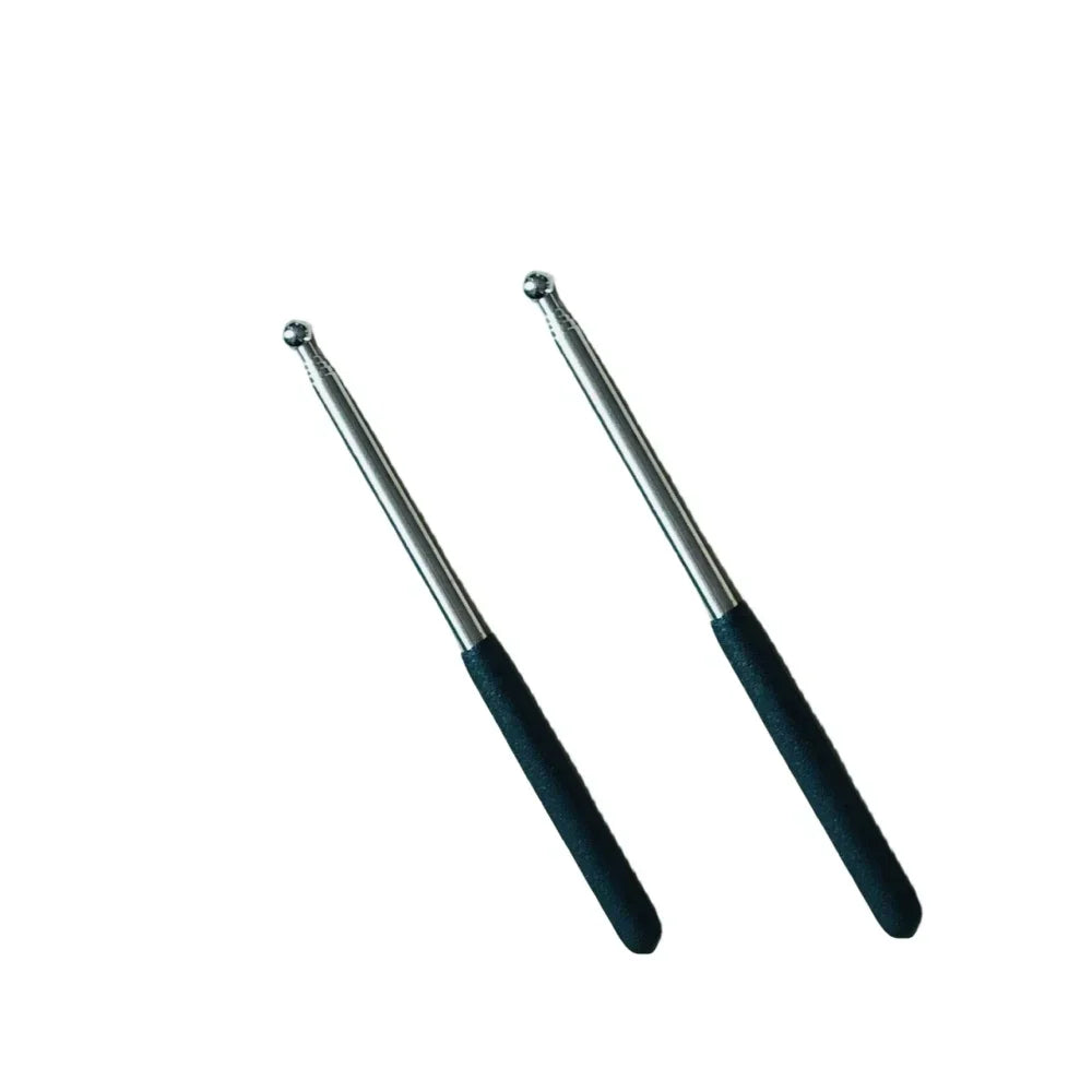 A pair of stainless steel telescopic teacher pointers with black grips.