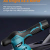 A cordless electric car polisher tool in teal and black is shown on a dark car surface.