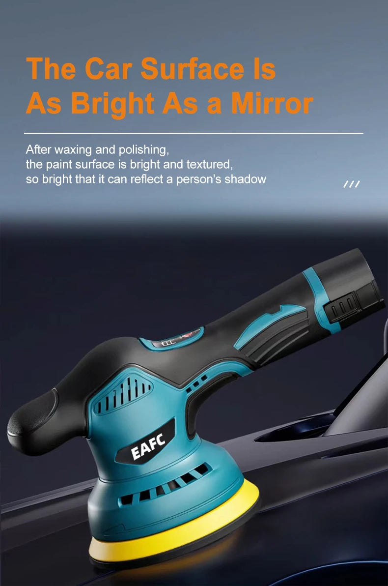 A cordless electric car polisher tool in teal and black is shown on a dark car surface.
