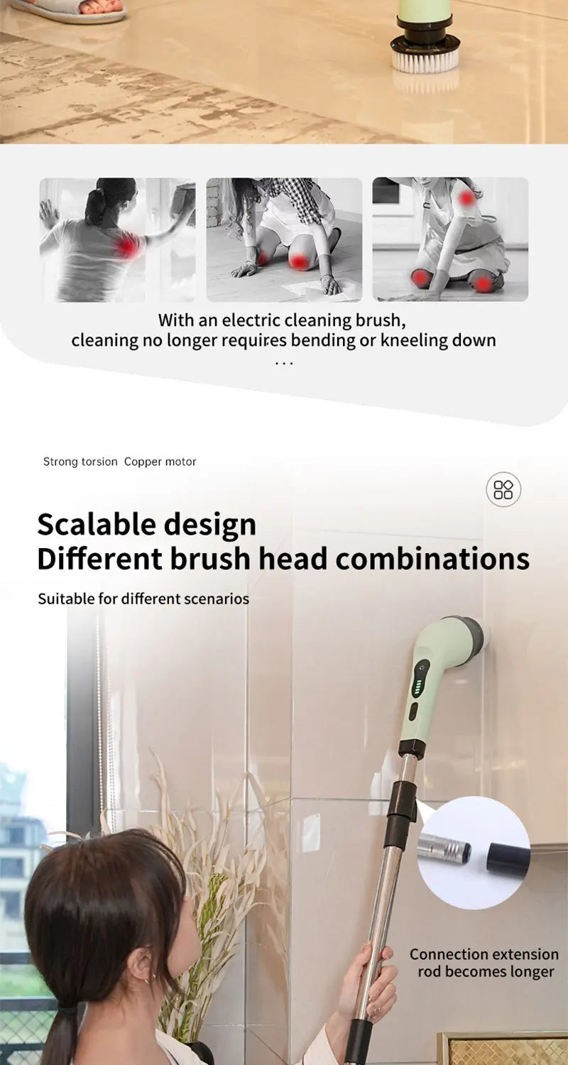 A woman is using a cordless electric cleaning brush with an extension rod to clean a glass surface.