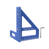 A blue drawing line ruler with a multi-angle design and millimeter markings.
