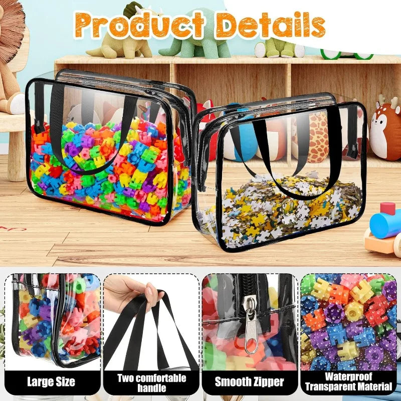 Clear transparent storage bag with zipper for toys, cosmetics & travel shown next to a wooden shelf.