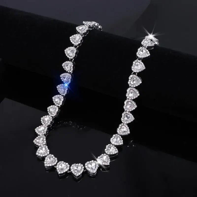 Heart Rhinestone Tennis Chain Necklace & Bracelet Set