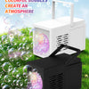 A white automatic bubble maker and a black handheld bubble blower are shown on green grass.