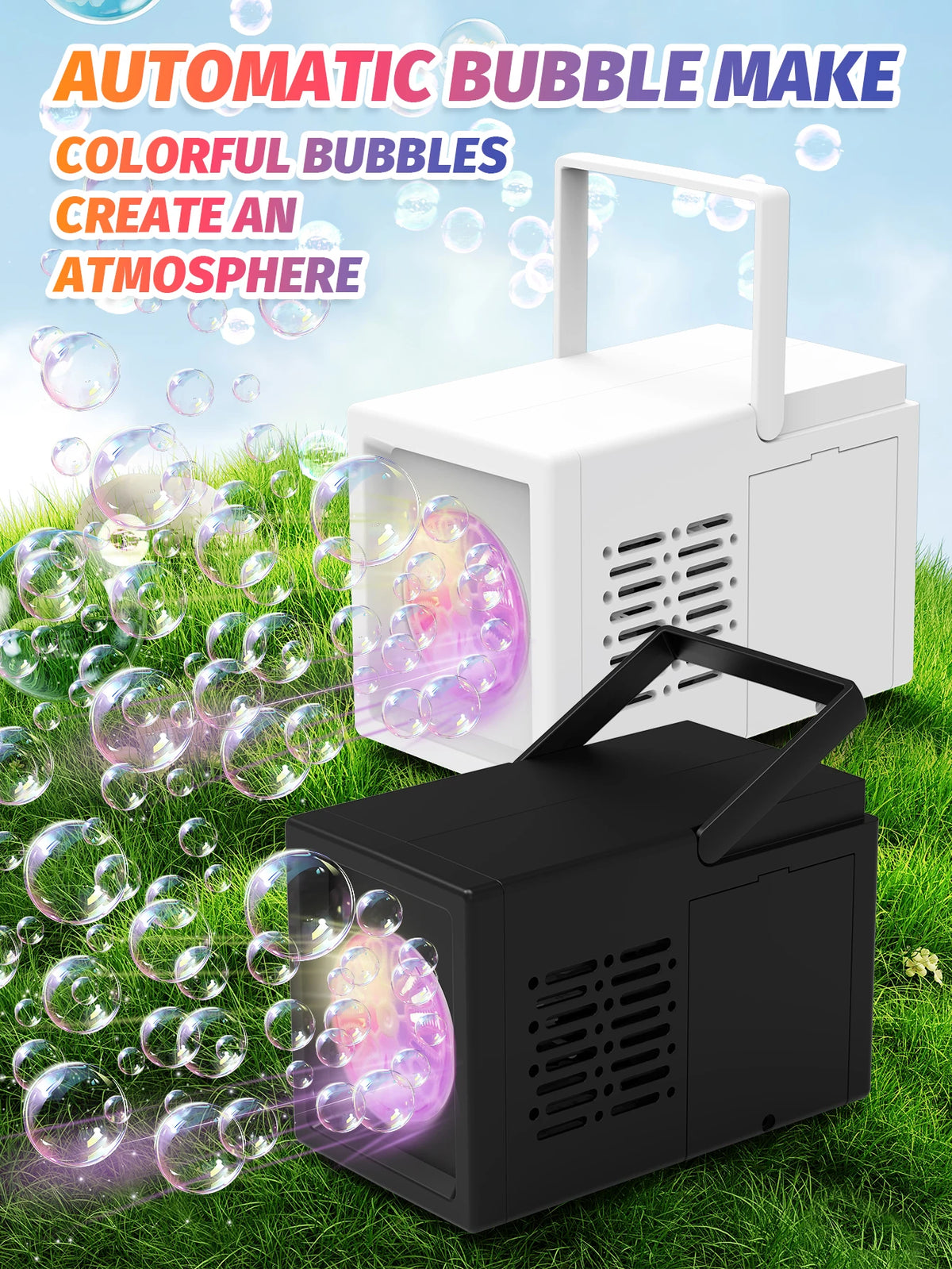 A white automatic bubble maker and a black handheld bubble blower are shown on green grass.