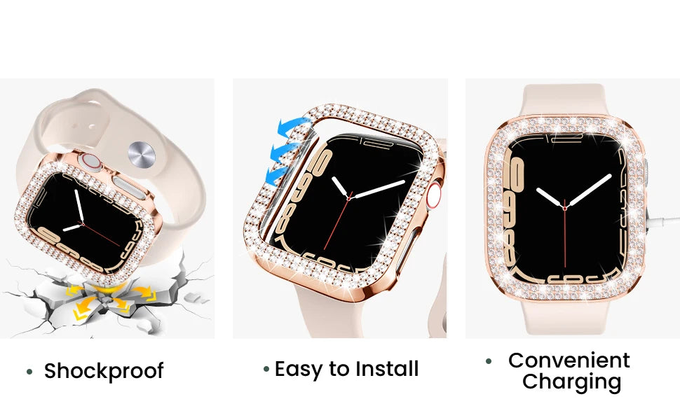 Funda de borde con pedrería brillante para Apple Watch, con características de carga convenientes y resistentes a impactos.