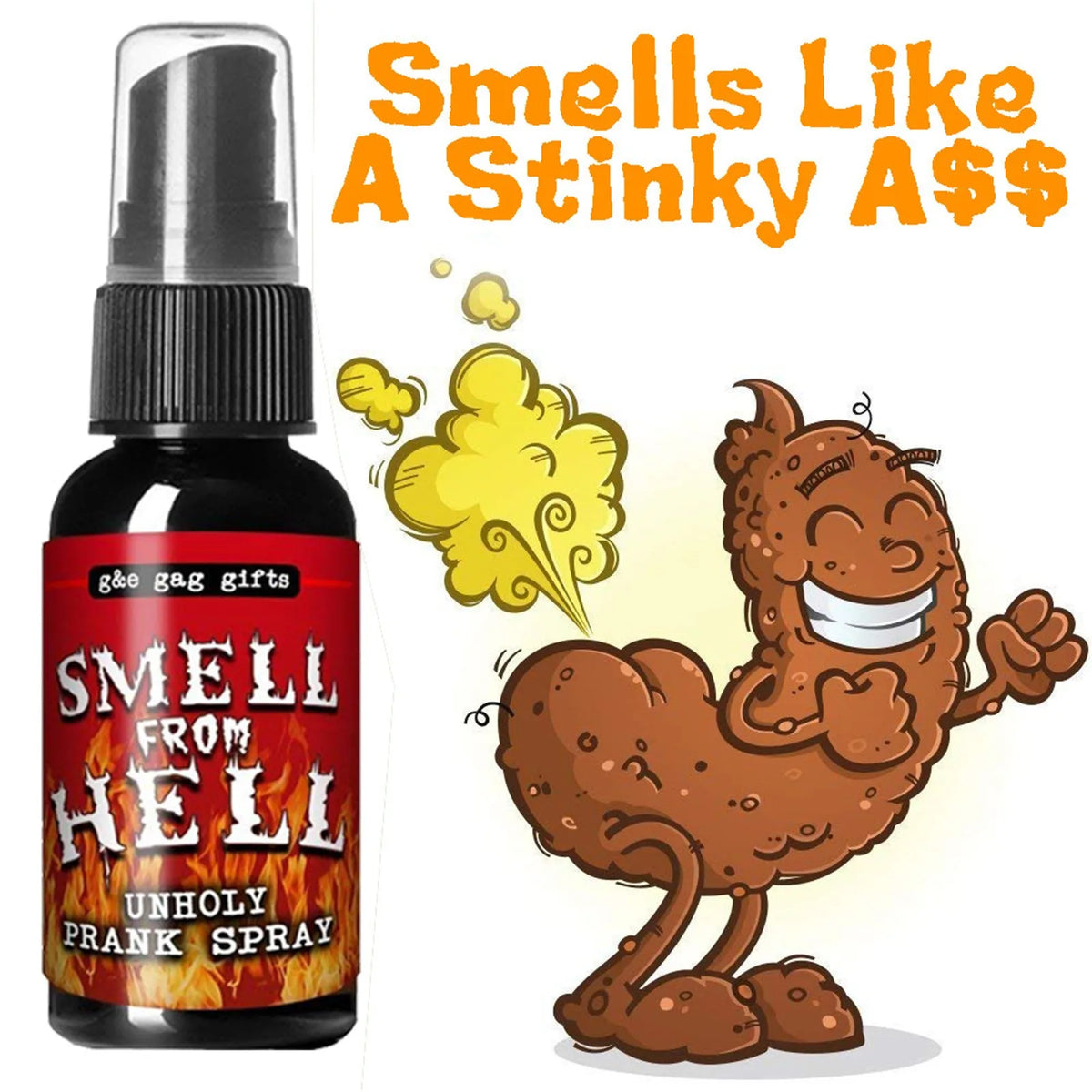 A dark bottle of Smell From Hell Unholy Prank Spray next to a cartoon drawing of a brown, hairy bird.