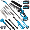 A blue cordless pole saw tool with a 9-foot extension, dual 21V batteries, and various accessories like chains and gloves.