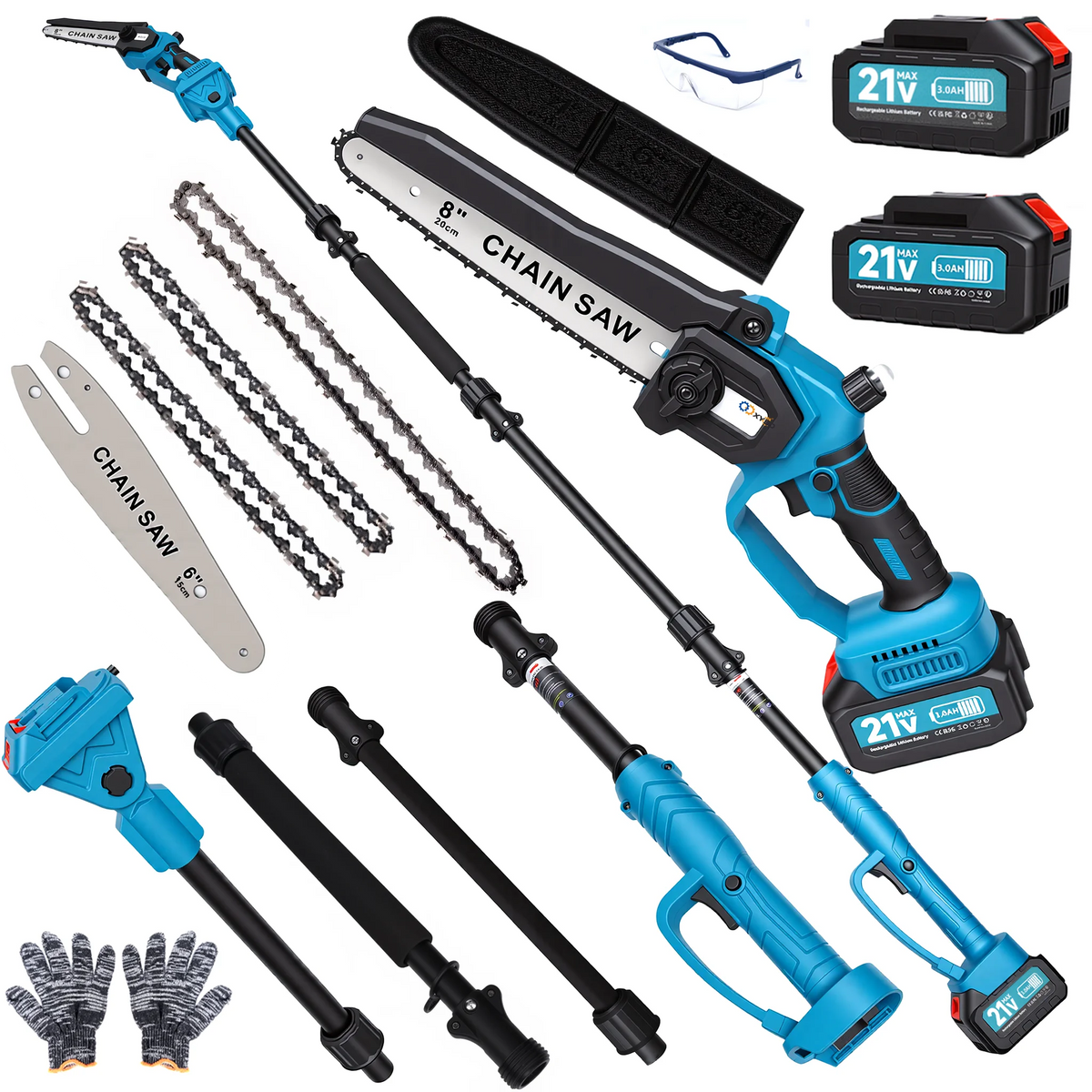 A blue cordless pole saw tool with a 9-foot extension, dual 21V batteries, and various accessories like chains and gloves.