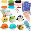 A collection of crochet toys and yarn, including various animals like a yellow chick, green frog, and orange fish.