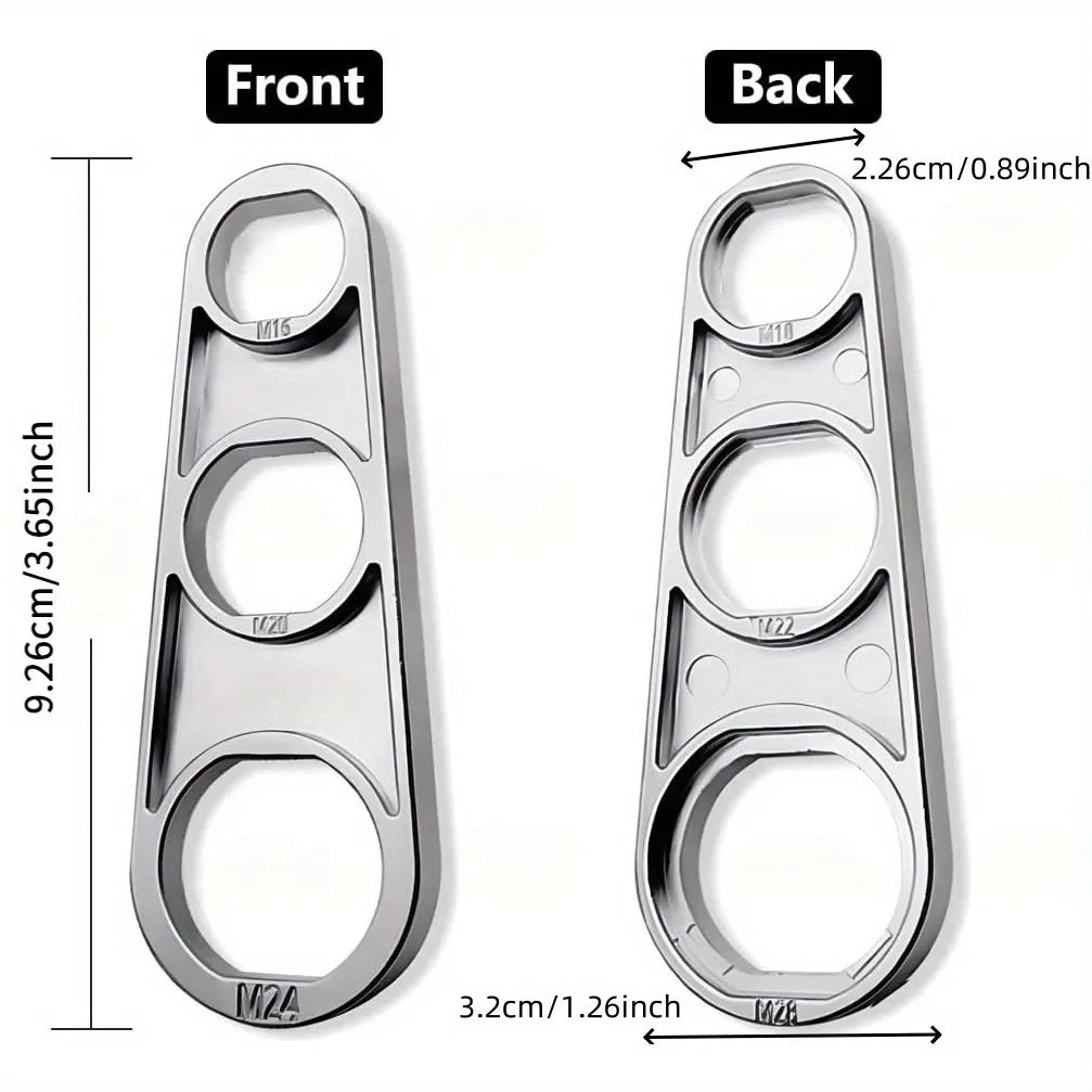 Front and back views of a 2-in-1 faucet aerator wrench and bubbler tool in silver metal.