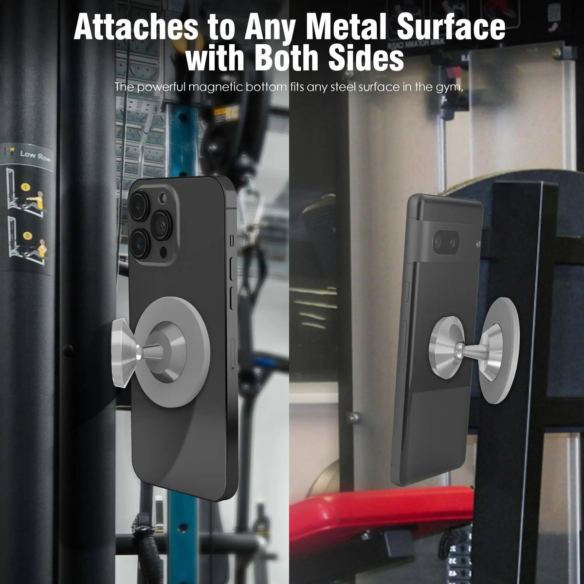 A black magnetic phone mount attaches to a metal gym surface for hands-free workout videos.