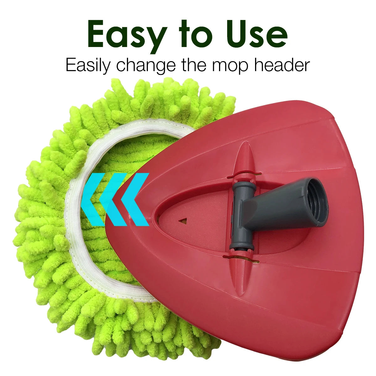 A red mop head with a green chenille cleaning pad is shown, demonstrating easy replacement.
