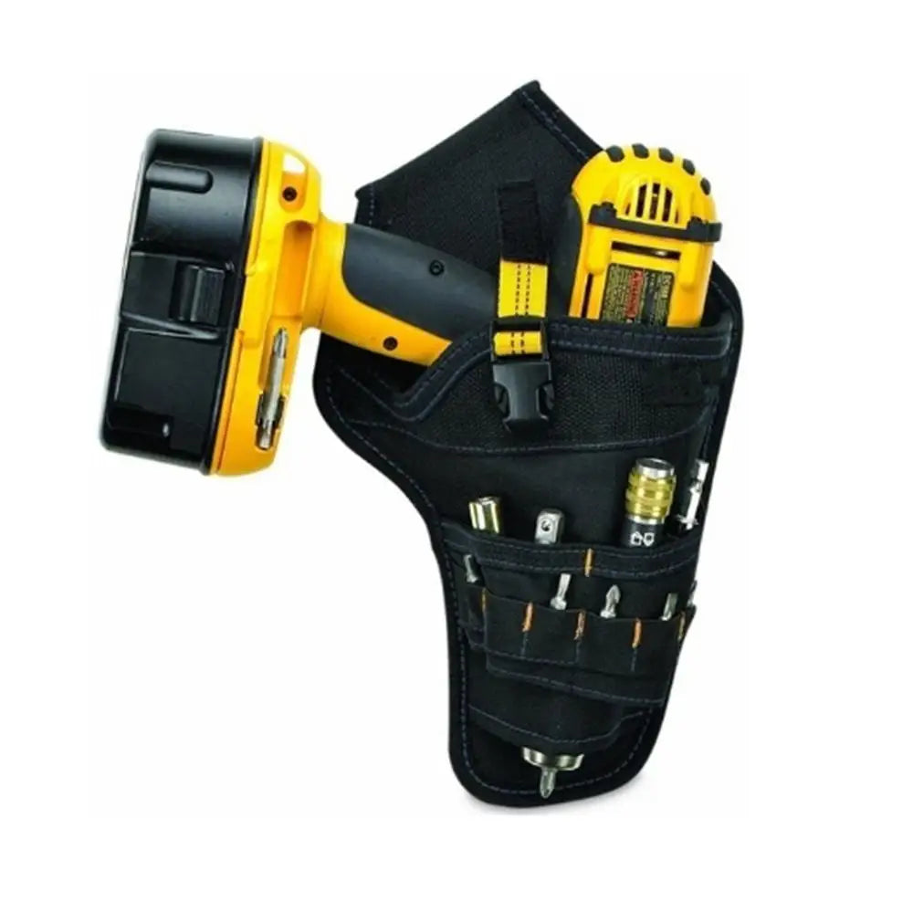 A yellow heavy-duty drill holster with a black grip and belt storage pocket.
