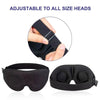 Black adjustable sleep mask shown with a hand demonstrating the sizing feature and the full product view.