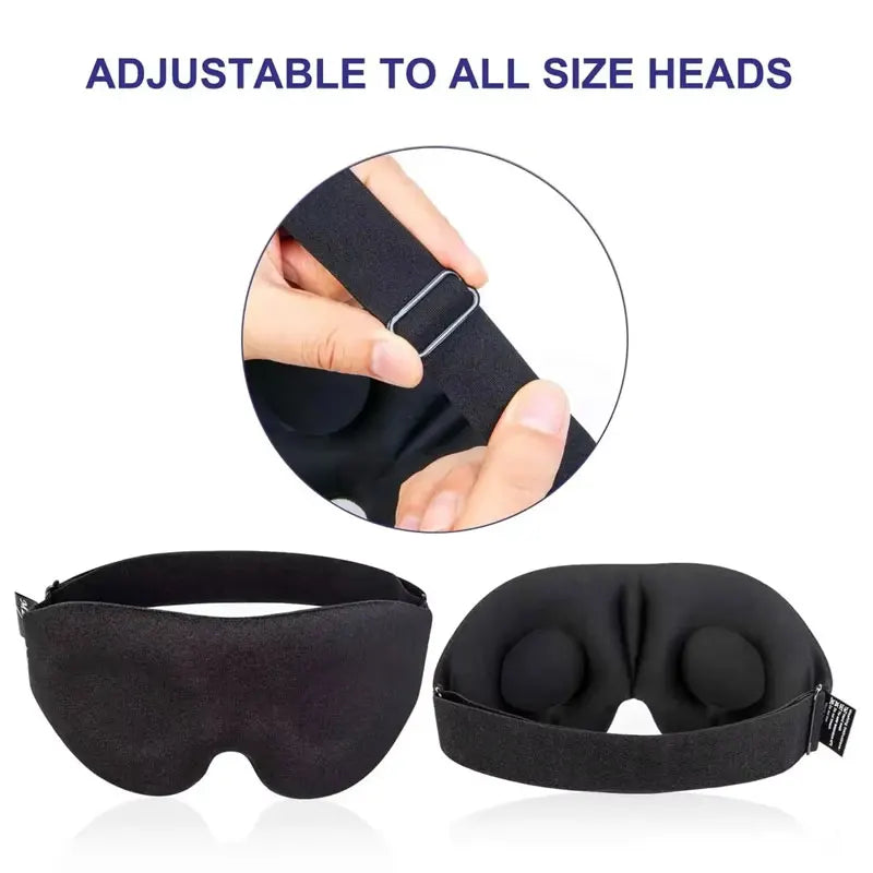 Black adjustable sleep mask shown with a hand demonstrating the sizing feature and the full product view.