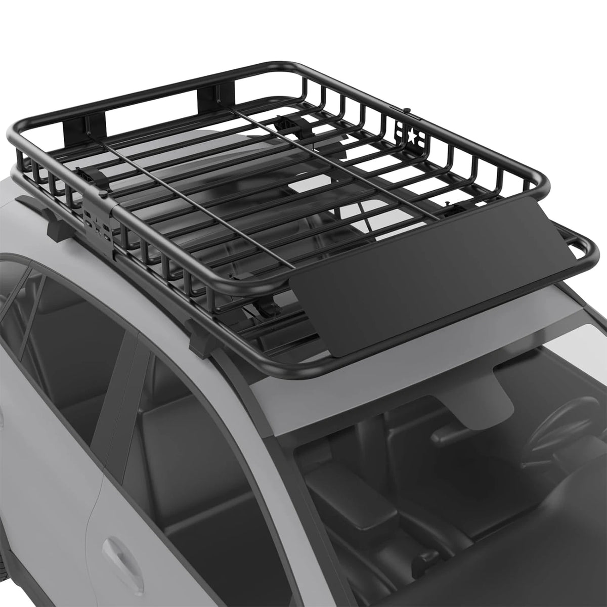 A heavy-duty universal roof rack cargo basket installed on a vehicle roof.