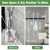Before and after comparison of a heavy-duty wall-mounted tool rack for organizing cleaning tools.