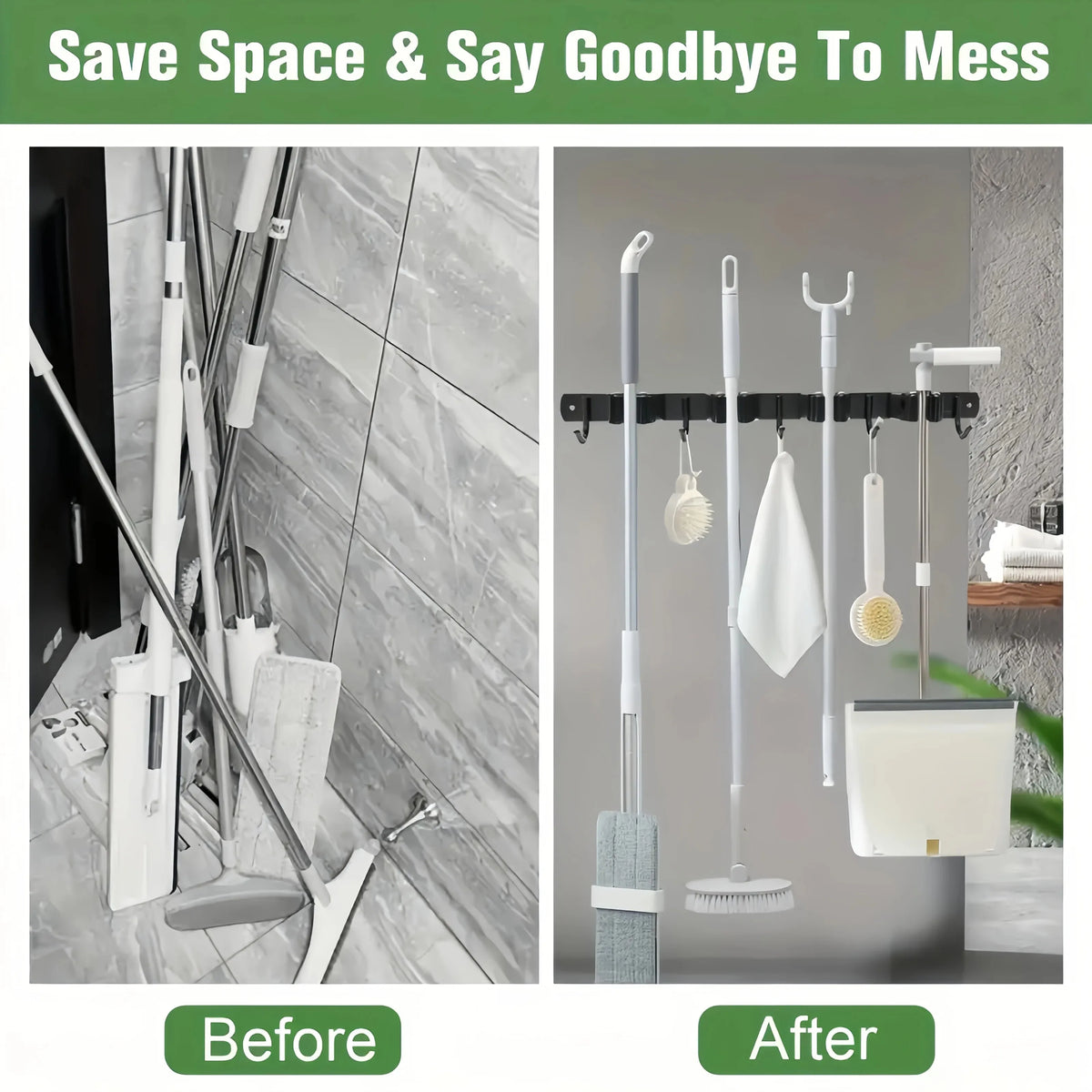 Before and after comparison of a heavy-duty wall-mounted tool rack for organizing cleaning tools.