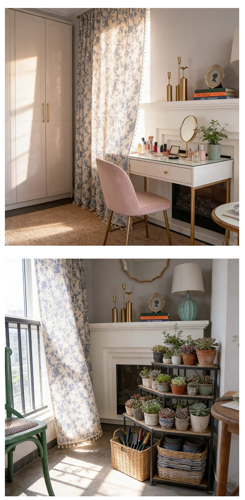 A vintage floral curtain with tassels hangs next to a white fireplace mantel decorated with plants and gold accents.