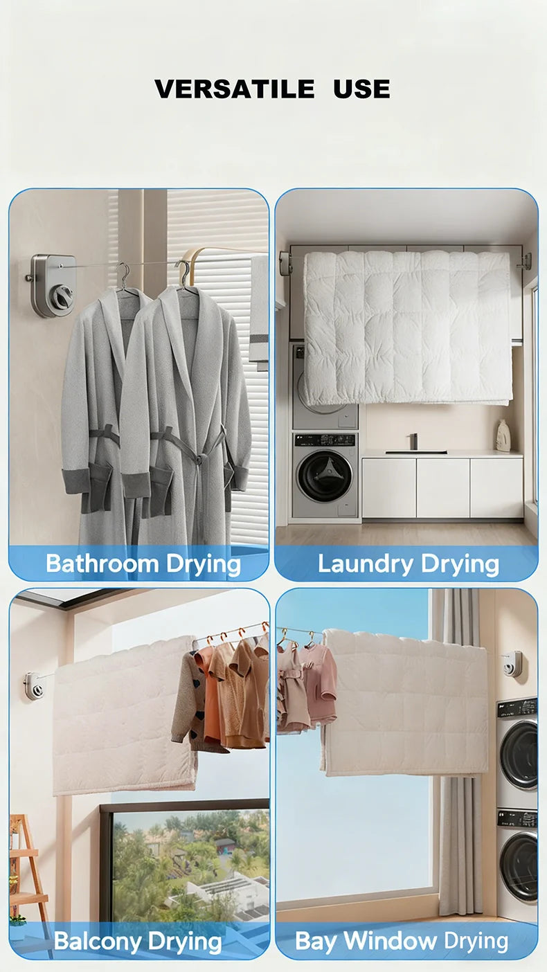 Versatile retractable clothesline for bathroom, laundry, balcony, and window drying