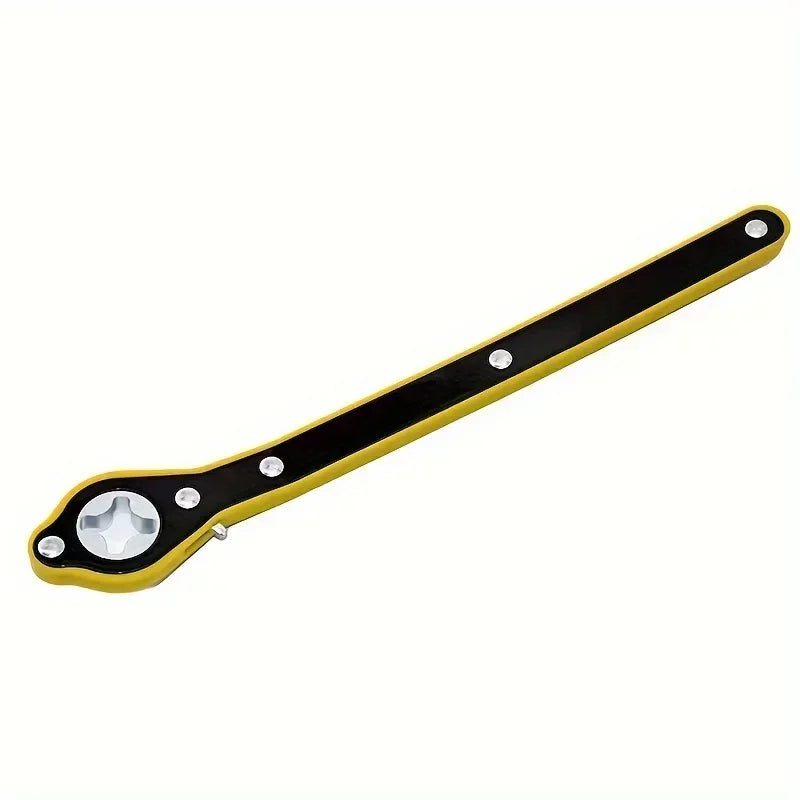A yellow and black labor-saving ratchet wrench for tire changes.