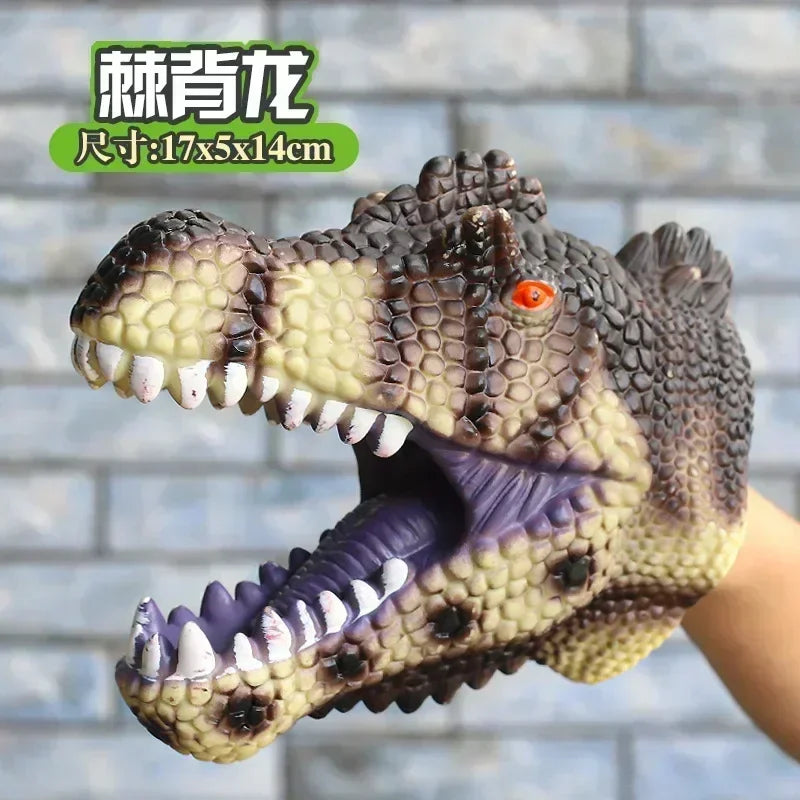 A realistic dinosaur hand puppet toy with textured skin and open mouth showing teeth.