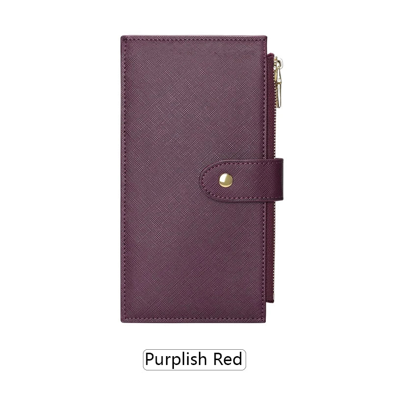 A plum purple RFID blocking extra-large bifold wallet with a gold zipper and leather trim.