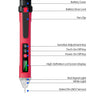 A red non-contact AC voltage detector pen with an LCD display and various buttons and features.
