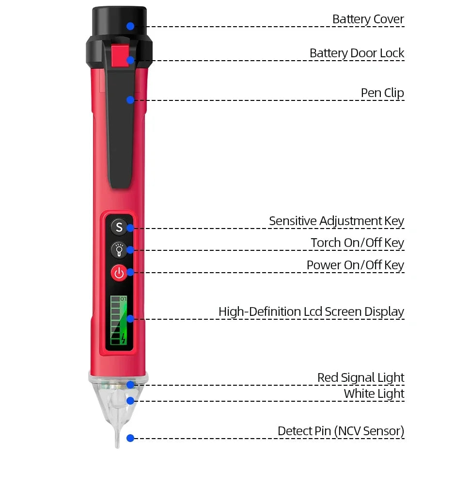 A red non-contact AC voltage detector pen with an LCD display and various buttons and features.