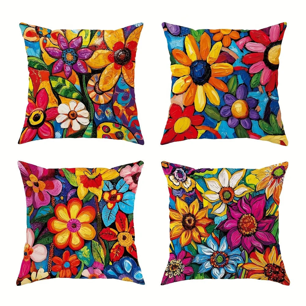 A set of four decorative pillowcases featuring vibrant floral prints in various colors and patterns.
