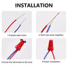 Installation steps showing how to prepare bare wires, twist two wires together, screw terminals onto the wire, and finish ins