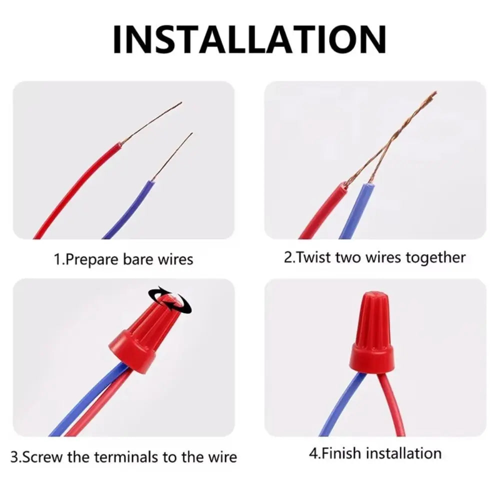Installation steps showing how to prepare bare wires, twist two wires together, screw terminals onto the wire, and finish ins