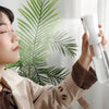 A person is using a white fine mist spray bottle to mist a large green palm leaf plant.