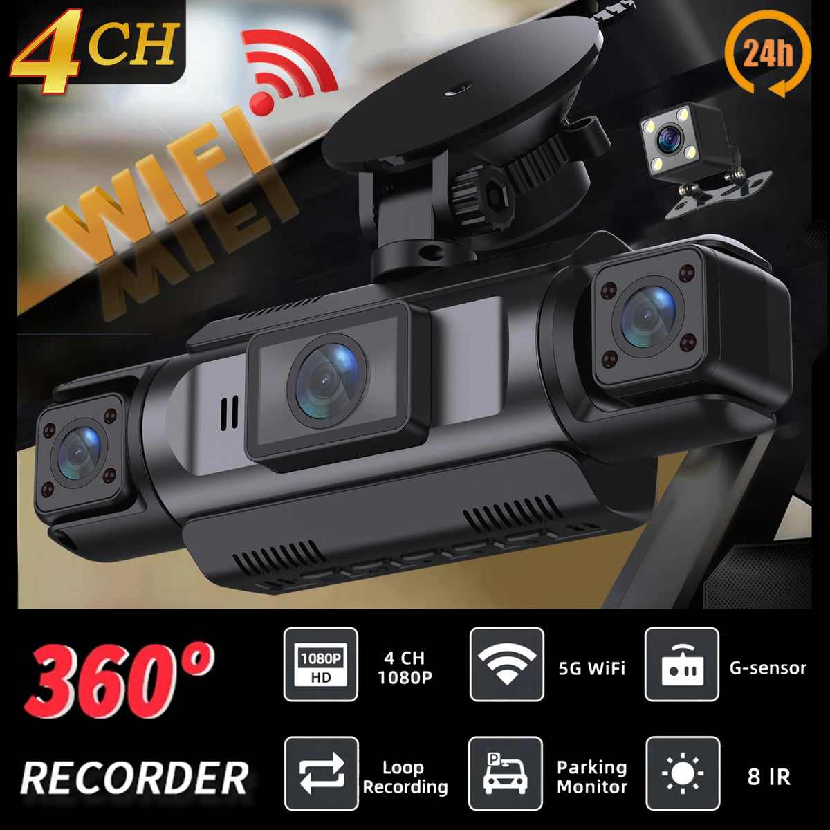 A black 4-channel WiFi dash cam recorder with a camera mounted, showing features like loop recording and parking monitor.