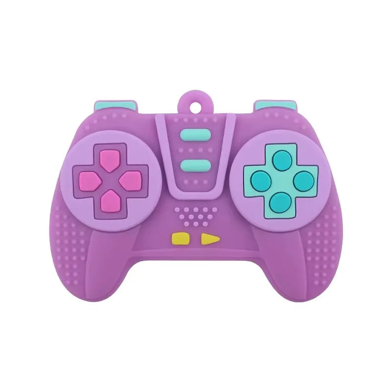 A purple silicone game controller designed as a teether for babies.