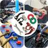 A collection of quick-release car battery terminal connectors and tools used for electrical connections.