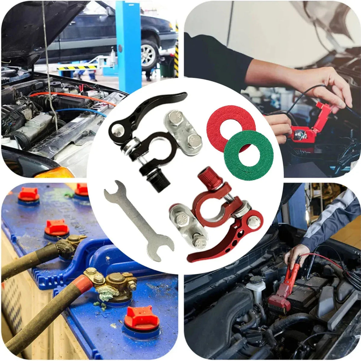 A collection of quick-release car battery terminal connectors and tools used for electrical connections.