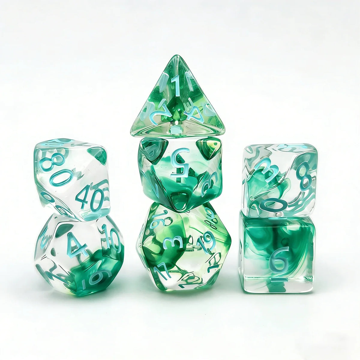A set of seven fresh green polyhedral gaming dice, including a pyramid and cubes, displayed on a white background.