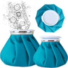A teal reusable ice pack with a secure wrap, showing the compressed fabric and the open top.