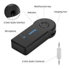 A black Bluetooth audio receiver with an indicator, microphone, charging port, and 3.5mm audio connector.