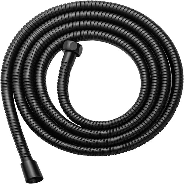 Black coiled high-pressure rainfall shower head with a threaded connector.